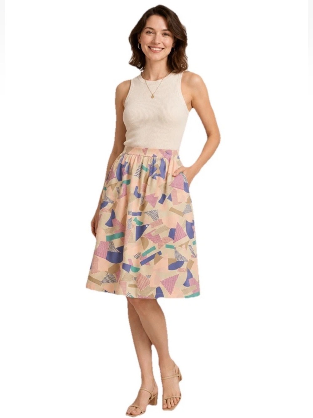 Vintage Sasson A Line Skirt Size 14 Abstract Geometric Pattern 90s 1990s Peach